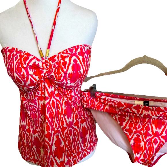 Y2K Ralph Lauren Swimsuit Bikini 2 Piece Tankini Halter Colorful Pink EUC Sz 14 - Picture 1 of 15